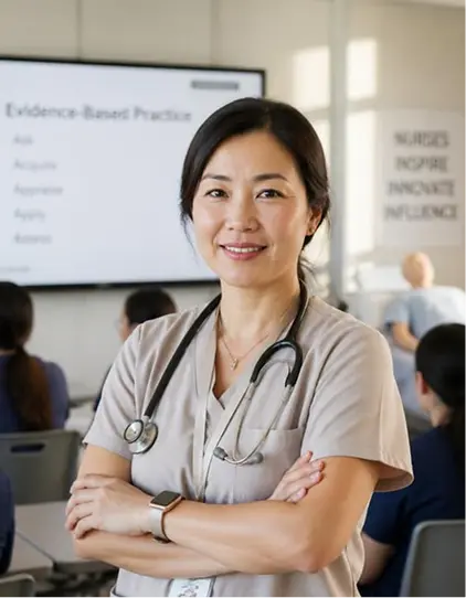 Nurse educator with stethoscope standing in front of a classroom presentation on evidence-based practice