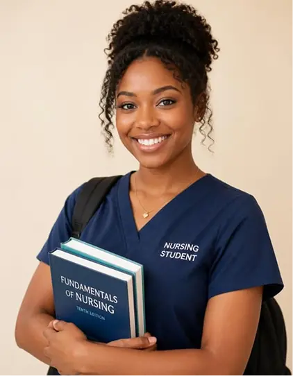 Smiling nursing student in navy scrubs holding a Fundamentals of Nursing textbook